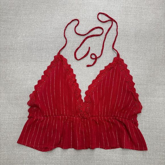 Boho Red Crochet Lace Trim Striped Halter Top Crop Tie Neck Party Wear Sz XL - Picture 1 of 5